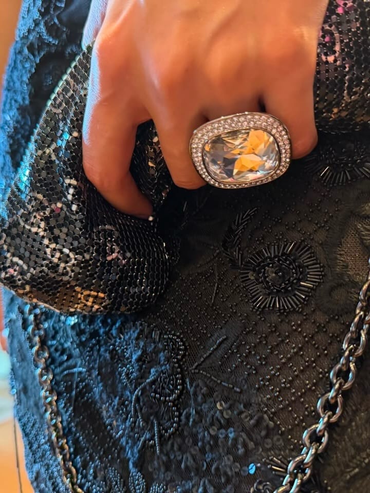 Rashmika Mandanna wearing Swarovski jewellery with her black Anamika Khanna gown in Milan.