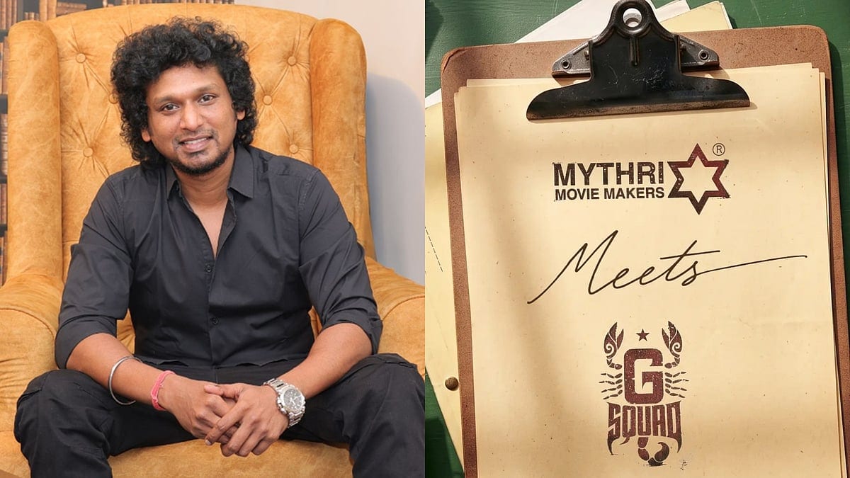 Cinema Express composite showing a portrait of Lokesh Kanagaraj beside artwork pairing the Mythri Movie Makers and G Squad logos