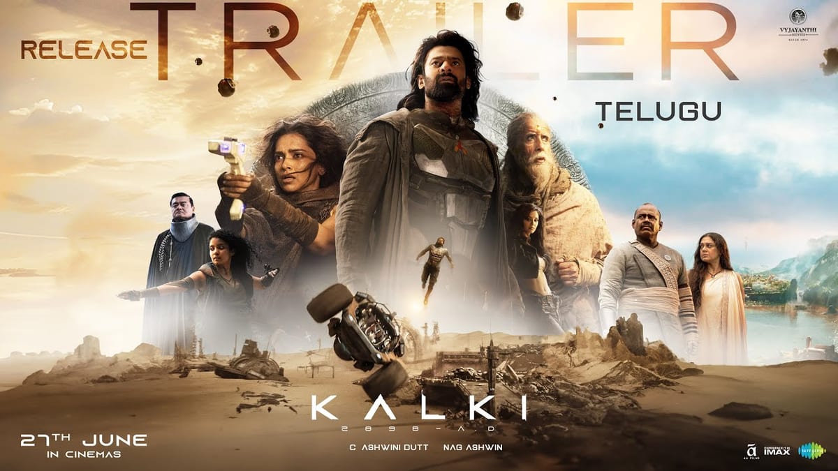 Official Kalki 2898 AD release-trailer artwork featuring the film's principal characters.